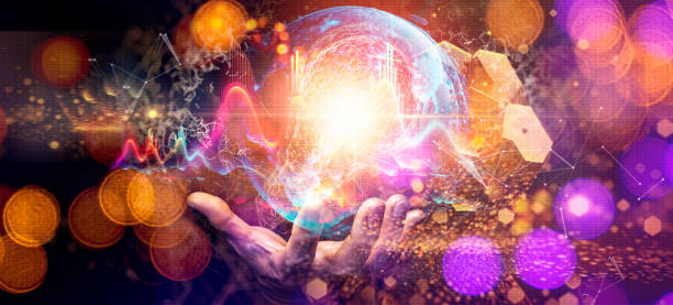 istock Creativity on connectivity.Innovative idea.Inspiration and network. Hand showing digital light bulbs as symbol of innovation on global network connection. 1467064276
