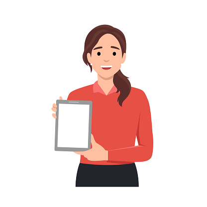 Young woman showing blank no-name tablet pc monito. Flat vector illustration isolated on white background
