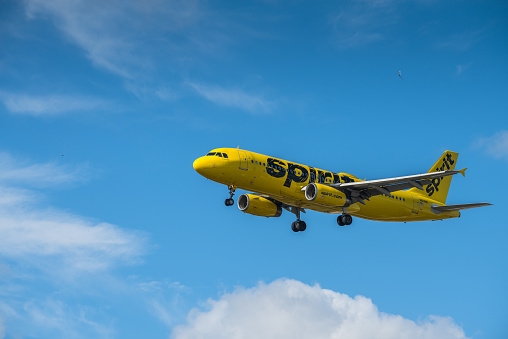 Miami, United States - February 16, 2023: Spirit aircraft (A320) approaching the runway of Miami International Airport. Spirit Airlines, Inc., is an American ultra-low-cost carrier headquartered in Miramar, Florida, in the Miami metropolitan area.