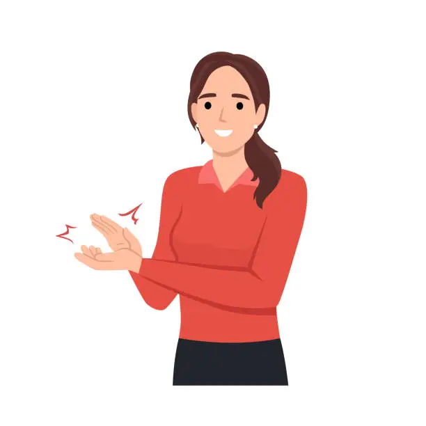 Vector illustration of Young woman clapping hands thanking or showing appreciation at event. Flat vector illustration isolated on white background