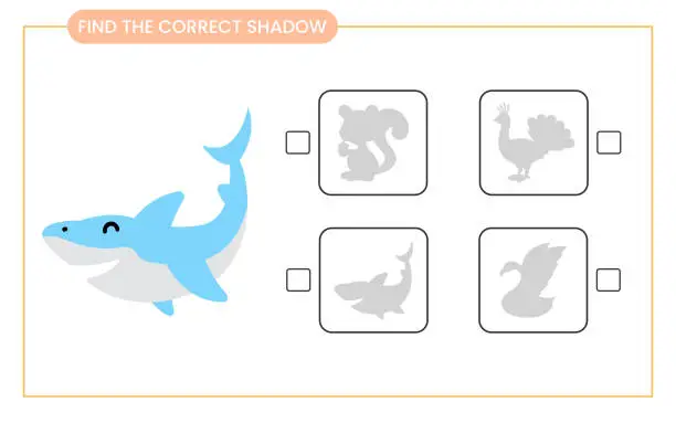 Vector illustration of find the shark correct shadow