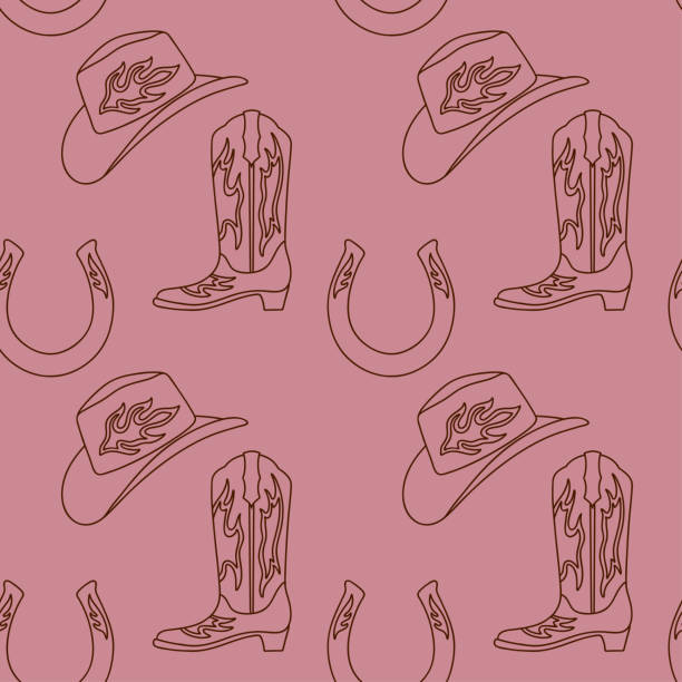 Cowboy western boho vector seamless pattern with cowboy boot and hat, horseshoe