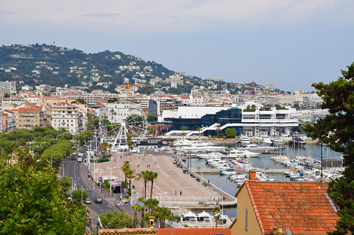 Cannes, France - July 14 2018: Aerial panoramic view of the Old Port of Cannes, French Riviera.