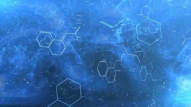 Chemical molecules and numbers animated on bright blue abstract background