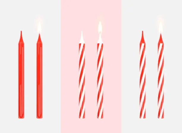 Vector illustration of Cake candle set. Red and red and white spiral candles. Variants with and without flame. Realistic candlelight for holiday decoration. 3D vector illustration