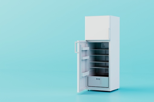 the concept of long-term storage of food. open white refrigerator on a blue background. 3D render.
