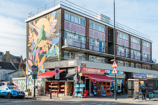 London, United Kingdom, 30 January 2023: Mural public spaces town centre improvement in Newham, parakeets, Plaistow, Newham, London