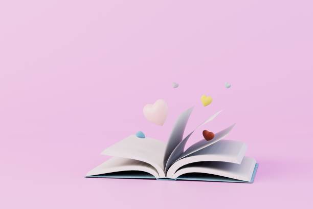 istock reading romance novels. an open book from which hearts fly out. 3D render 1467074934