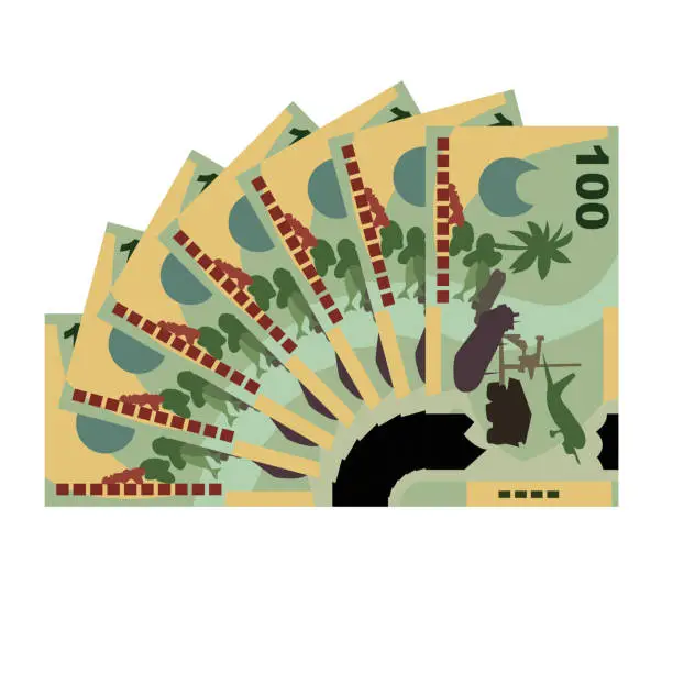 Vector illustration of Kina Vector Illustration. Papua New Guinea money set bundle banknotes. Paper money 100 PGK. Flat style. Isolated on white background. Simple minimal design.