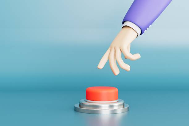 istock the concept of pressing the panic button. a hand that reaches for a red button on a blue background. 3D render 1467075407
