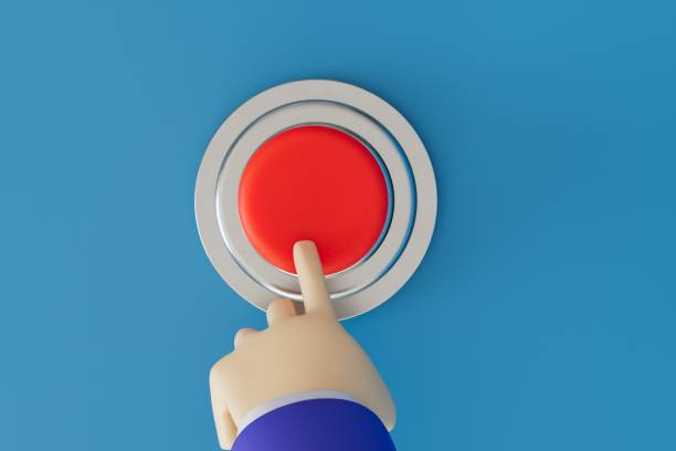istock the process of pressing the red button. the finger presses the red button. 3D render 1467075411