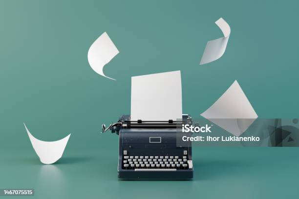 Typewriter For Writing Books An Old Typewriter And White Sheets Around It 3d Render Stock Photo - Download Image Now