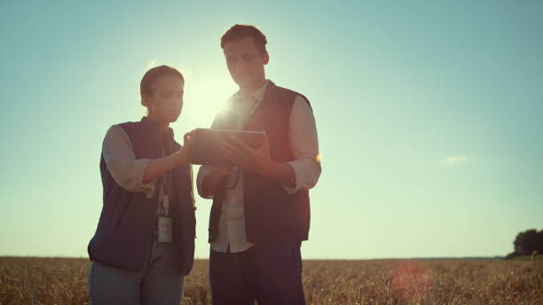 istock Two farmers work tablet computer in golden sunlight. Modern agritech industry. 1467076943