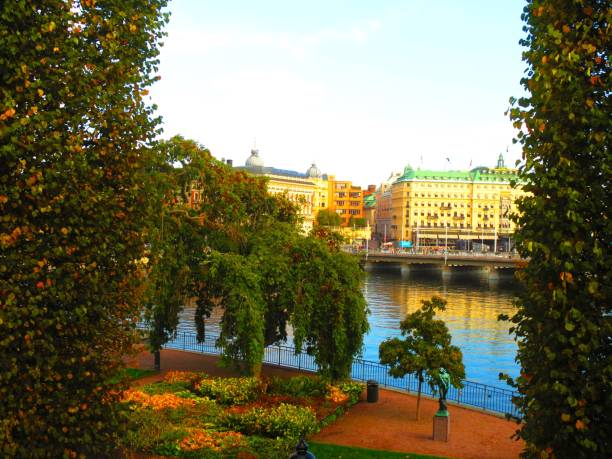Stockholm. Sweden. 10/14/2022  Stockholm waterfront ,view from city parkland. Buildings in The Sweden capital city. The Bridge in capital city.