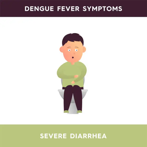 Vector illustration of Vector illustration of a man who sits on the toilet holding his hand on his stomach. Man with severe diarrhea, indigestion. Dengue fever symptoms. Illustration for medical articles, posters, stands.