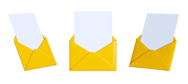 istock Mail 3d render - open yellow paper envelope with blank card. Set of letter with template for notice or message. 1467081572