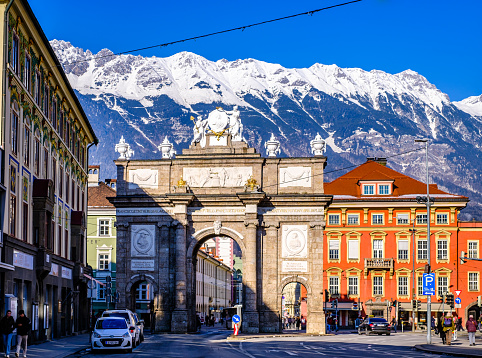 Innsbruck, Austria - January 25: historic buildings at the famous old town of Innsbruck on January 25, 2023