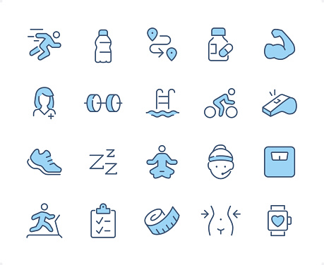 Fitness icons set #52

Specification: 20 icons, 64×64 pх, EDITABLE stroke weight! Current stroke 2 px.

Features: Pixel Perfect, Dichromatic style.

First row of  icons contains:
Running Person, Water Bottle, Distance Sign, Diet Pills, Muscular Build;

Second row contains: 
Nutritionist, Dumbbell icon, Swimming Pool, Bicycle, Whistle;
 
Third row contains: 
Sports Shoe, Sleeping, Lotus Position (Yoga), Coach, Weight Scale;  
        
Fourth row contains: 
Treadmill, Food Diary, Tape Measure, Waist Measuring, Smart Watch.

Check out the complete duocolor Prolinico Blue collection — https://www.istockphoto.com/collaboration/boards/_a-Cj-vICEGsbZqV9B7k2w