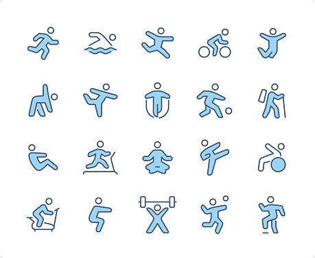 Fitness & Sport  icons set #53

Specification: 20 icons, 64×64 pх, EDITABLE stroke weight! Current stroke 2 px.

Features: Pixel Perfect, Dichromatic style.

First row of  icons contains:
Running, Swimming, Jumping, Cycling, Jumping;

Second row contains: 
Gym, Gymnastics, Skipping, Playing Football, Hiking;

Third row contains: 
Sit-ups, Treadmill, Yoga, Karate, Fitness Ball;
 
Fourth row contains: 
Exercise Bike, Squats, Weightlifting, Playing Basketball, Step Aerobics.

Check out the complete duocolor Prolinico Blue collection — https://www.istockphoto.com/collaboration/boards/_a-Cj-vICEGsbZqV9B7k2w
