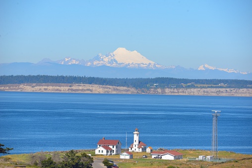 The lighthouse near Port Townsend, WA, the Puget Sound, and Mt Baker.