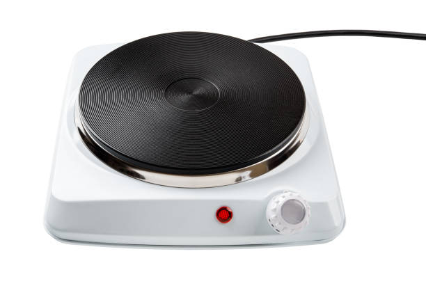 Single burner hot plate for cooking cutout. Portable cooktop isolated on a white background. Compact electric stove with temperature control knob. Electrical appliances concept.