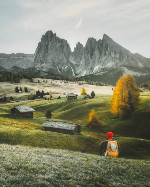 il giovane viaggiatore si gode la natura con l'alba autunnale all'alpe di siusi - alpe di siusi, dolomiti alto adige, italia - tirol season rock mountain peak foto e immagini stock