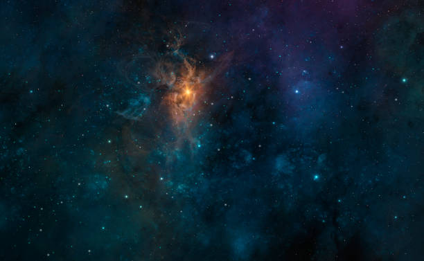 istock Space background. Fly through colorful blue and violet nebula with star field and orange sun. Digital painting 1467090541