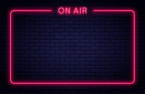 on air neon signboard. on air neon light sign with glowing letters and frame. bright banner and poster template for live interview, broadcast and podcast - atölye stock illustrations