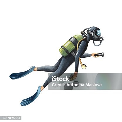 istock The diver swims underwater. Underwater travel. Watercolor hand drawn. Concept for label, banner, flyer, brochure. 1467096834