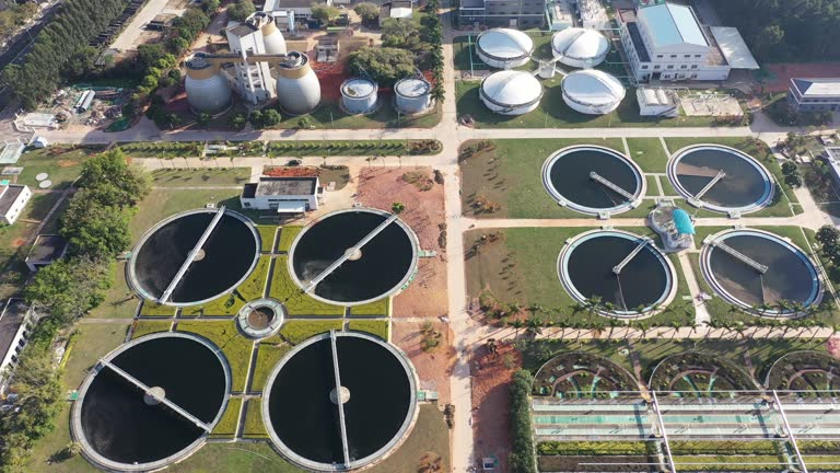 Aerial view of sewage treatment under sunlight