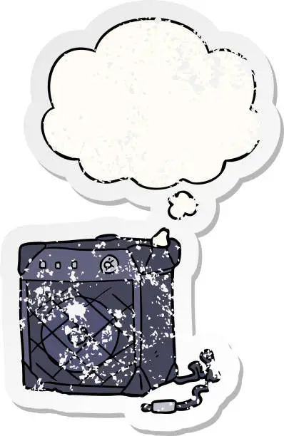 Vector illustration of cartoon guitar amp with thought bubble as a distressed worn sticker