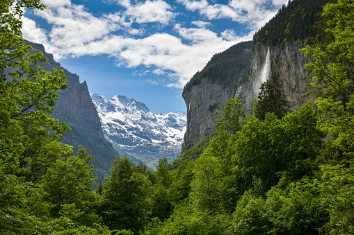 Beaitufil view on Lauterbrunnen valley in Swiss Alps with majestic peaks in background