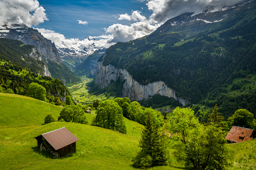 Wengen, Switzerland - May 24, 2020: Beautiful view on Lauterbrunnen valley close to Wengen in Switzerland during May 2020