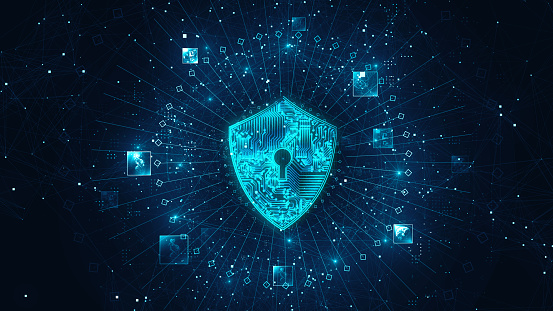 Lock Icon cyber security of digital data network protection. High speed connection data analysis. Technology data network conveying connectivity background concept.