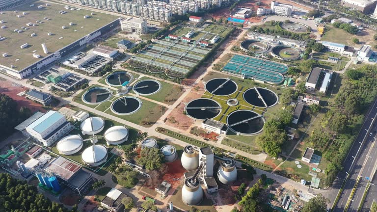 Aerial view of sewage treatment under sunlight