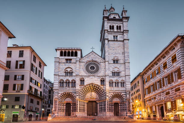 Genoa Cathedral (Duomo di Genova, Cathedral of Saint Lawrence) in downtown Genoa, Italy at twilight.