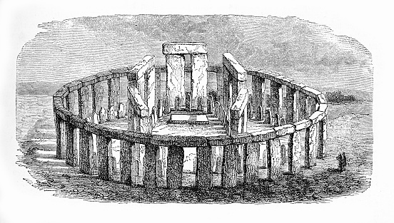 Vintage engraving of  Stonehenge prehistoric monument in Wiltshire, England, a ring of 4 m. high standing stones each weighting around 25 tons.
