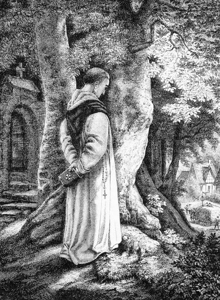 Vintage portrait of contemplative monk walking in the peaceful abbey garden Vintage portrait of contemplative monk walking in the peaceful abbey garden cloister stock illustrations