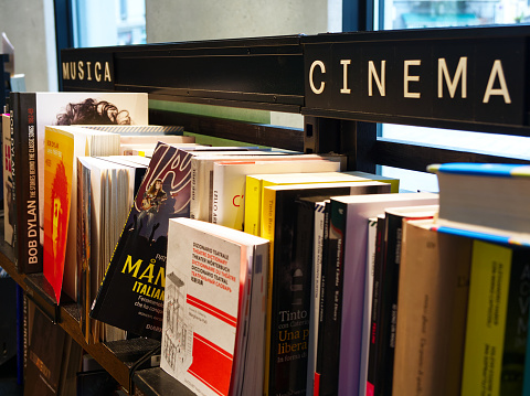 Modern library bookshelves close-up for art and design, Milan, Italy