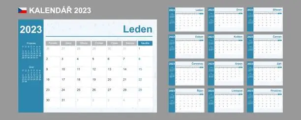 Vector illustration of Czech calendar for 2023. Week starts on Monday. Simple vector template. Business design planner.