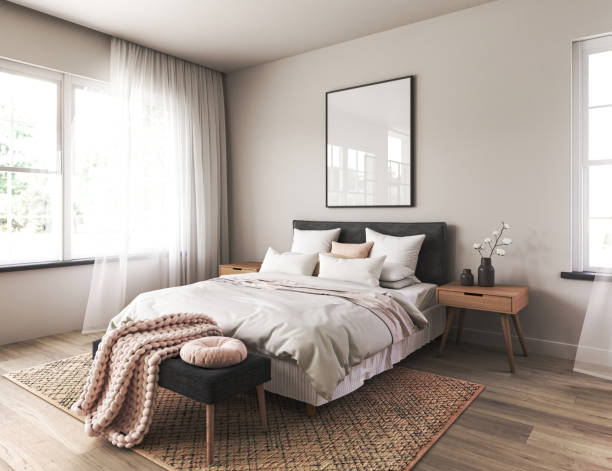 design moderno degli interni della camera da letto in stile scandinavo e giapponesedi con letto di colore bianco. tavolo e pavimento in legno, parete del telaio modello. rendering 3d. illustrazione 3d di alta qualità - poster bed foto e immagini stock