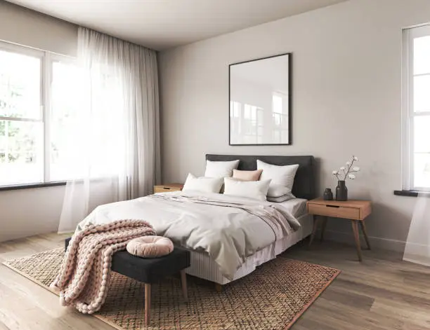 Photo of Modern scandinavian and Japandi style bedroom interior design with bed white color. Wooden table and floor, mock up frame wall. 3d render. High quality 3d illustration