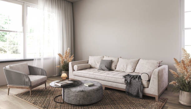 istock White interior design with light sofa and armchair. Boho carpet and window with curtain. Wall mockup in modern luxury living room. 3d render. High quality 3d illustration 1467126801