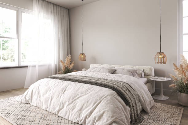 istock Hamptons white bedroom interior design. Light wall mockup. Window with curtain and dry plants on background. 3d render. High quality 3d illustration 1467126803
