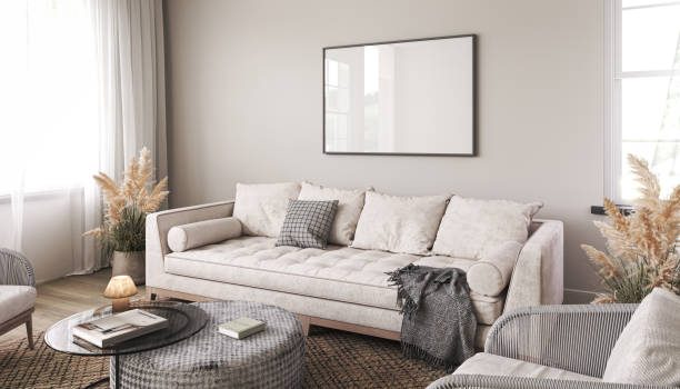 istock White interior design with light sofa, scandi decor and dry grass in modern luxury living room. Frame wall mockup. 3d render. High quality 3d illustration 1467126806