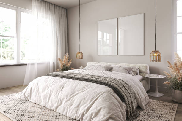 istock Vertical two frame mockup in boho bedroom interior with wooden floor and white bed. Beige blanket, cushion and dried grass. Basket and wicker lamp on wall. 3d rendering. High quality 3d illustration 1467126845