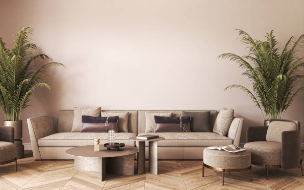 istock Mockup in minimal interior background with sofa, armchair and classic decor. Modern luxury bohemian style. 3d render. High quality 3d illustration 1467126935