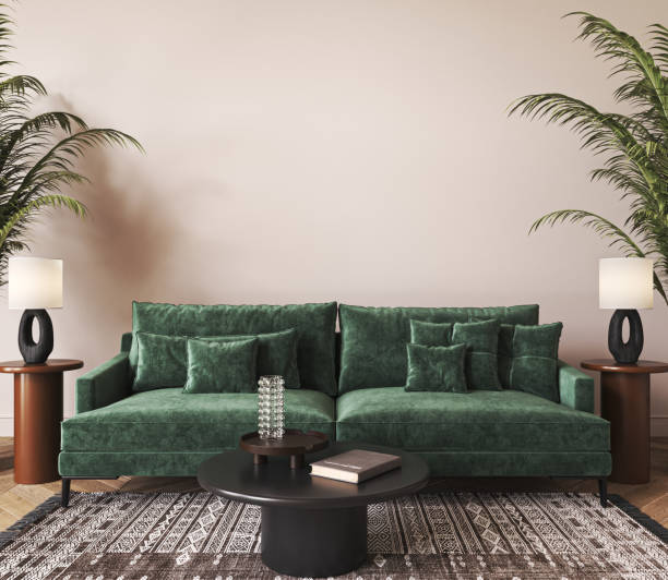 istock Home interior with light beige sofa, table and decor in boho scandi living room. Wall mock up. 3d render. High quality 3d illustration 1467126945