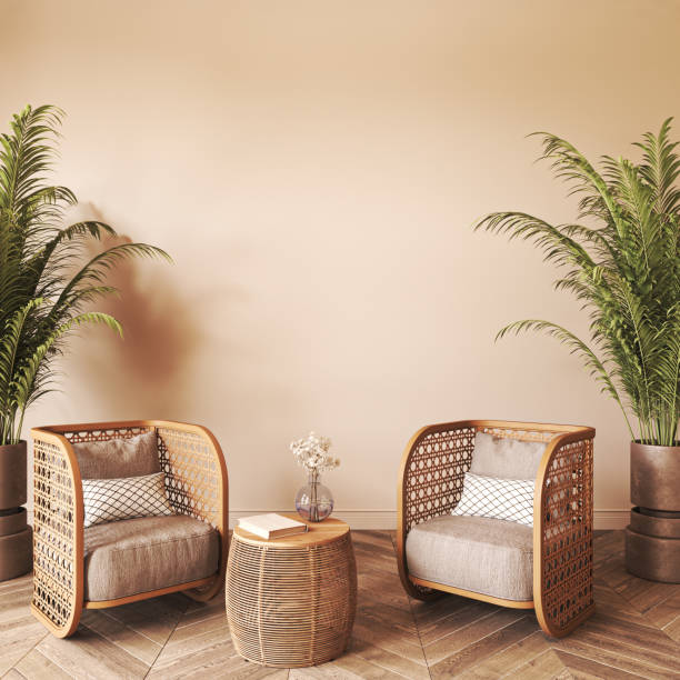 istock Light japandi interior design living room. Empty wall mockup in minimal design room with boho armchair. Wooden rattan furniture and palm trees. 3d rendering. High quality 3d illustration 1467127026