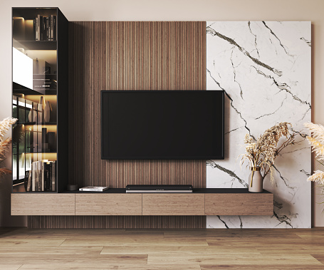Classic luxury TV wall mock up with lighting. Modern interior of light beige living room with cabinet for tv on marble wall background. 3d rendering. High quality 3d illustration.